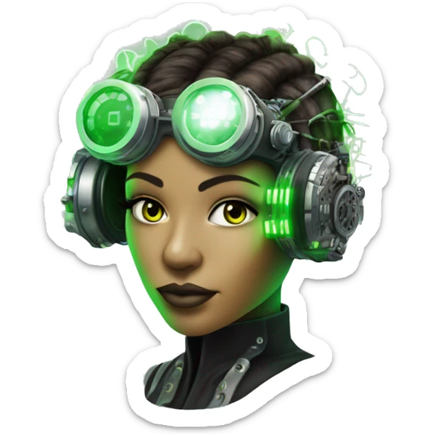 Neon green bobbed hair Latina female cyborg head with silver steampunk goggles and circuits sticker