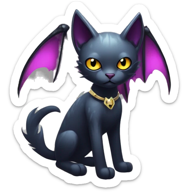  cool edgy kawaii ethereal dark-punk-themed animal vampiric cat-hybrid Fakemon with fangs and bat-wing-ears with a collar full body sticker