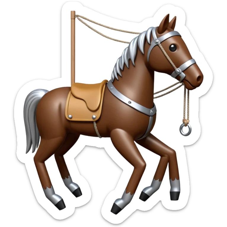3D render of Horse Puppet as a wooden marionette puppet, Wooden toy horse on strings, silver metal screw joints at elbows and knees, polished brown wood texture, rigid toy pose, emoji style, isolated on white background --v 6.0. sticker