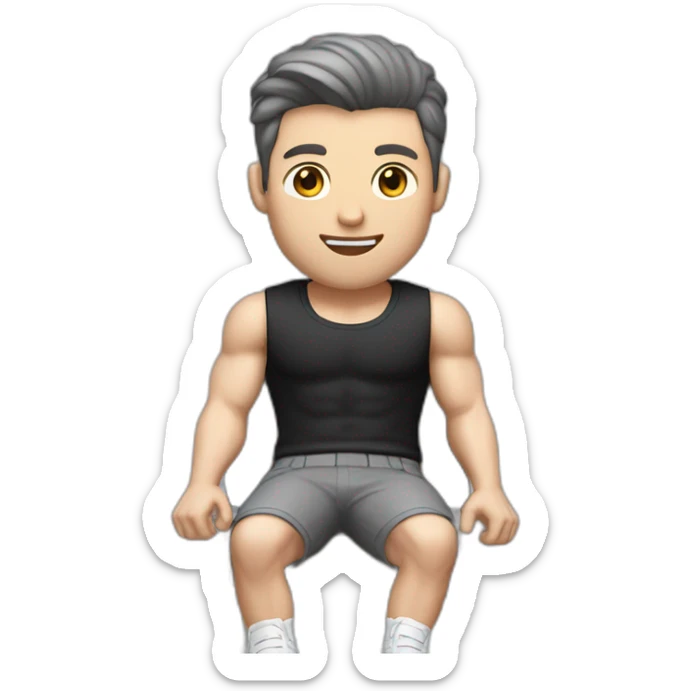 Pale skinned Fit Man With the biceps and dark brown hair in black shirt, gray sports shorts and white Sneakers Sitting on a chair sticker