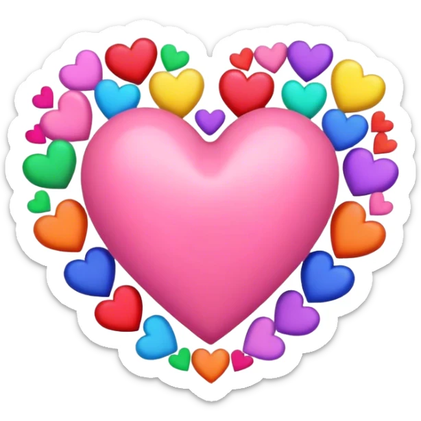 pink heart surrounded by smaller colorful hearts sticker