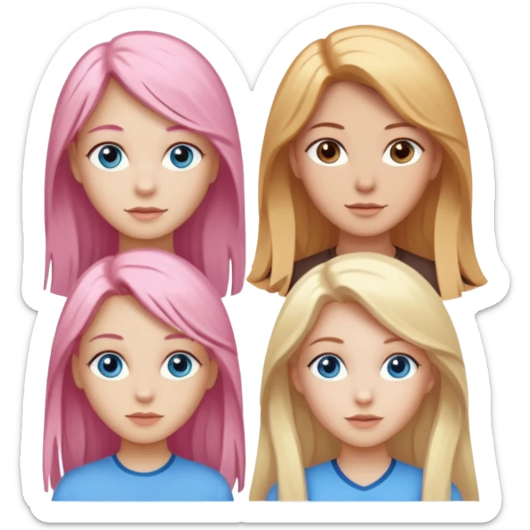 Girlfriend emoji - include 1 white girl with long light pink hair and blue eyes, 1 white girl with brown eyes and medium honey blonde hair, and 2 white girls with brown eyes and long dark brown hair, 1 white girl with blue eyes and light blonde hair,  sticker