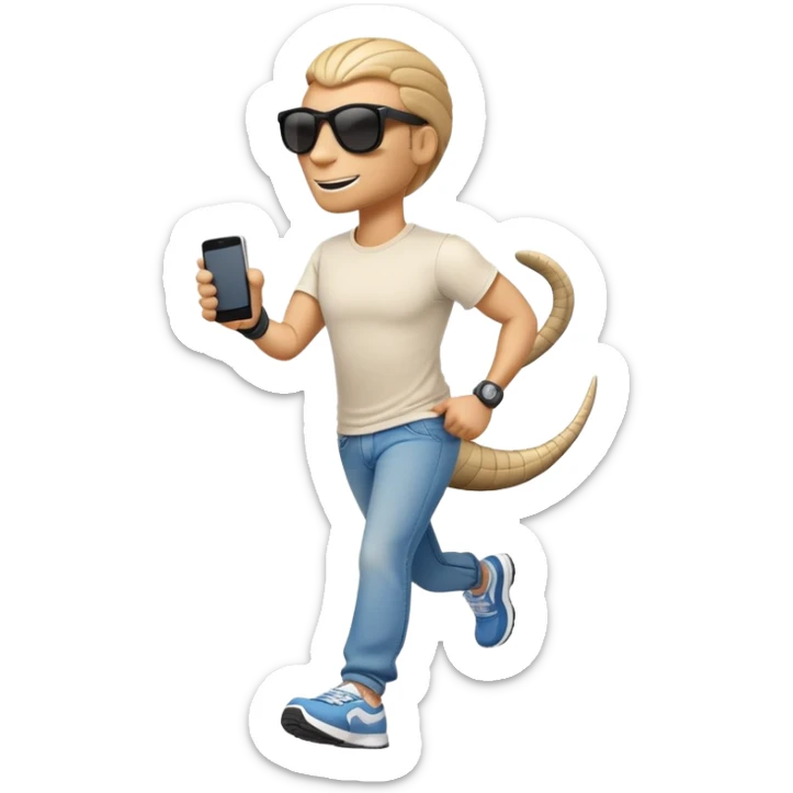 friendly anthropomorphised cobra in jeans and a t-shirt, wearing dark sunglasses, jogging upright in relaxed pose sticker