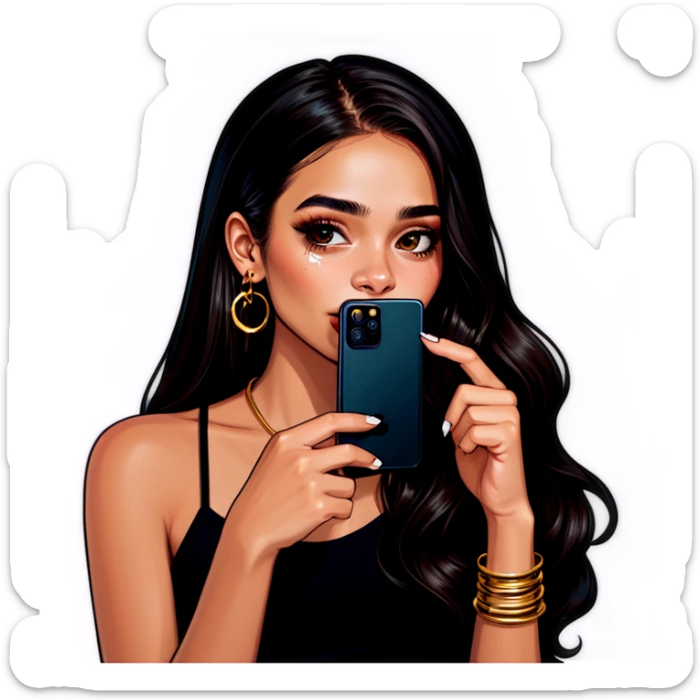 Beautiful young girl with dark choppy long hair flows as she holds her black phone with a gold septum ring that shines  sticker