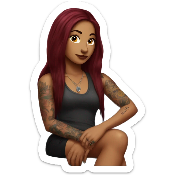 Beautiful tattooed burgundy long haired woman sitting on couch sticker