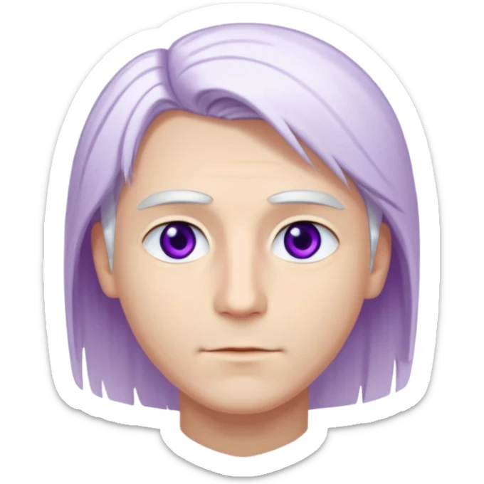 Beyaz uzun ve düz saçları olan,mor göz rengi olan, bembeyaz tenli bir erkek,genç,gözleri hafif çekik ve saçları da teni de bembeyaz olacak,genç olacak,kırışıklığı olmayacak,gözleri çekik ve mor renk olacak,alnında kırışıklık olmayacak,saçı daha beyaz olsun,genç olacak sticker