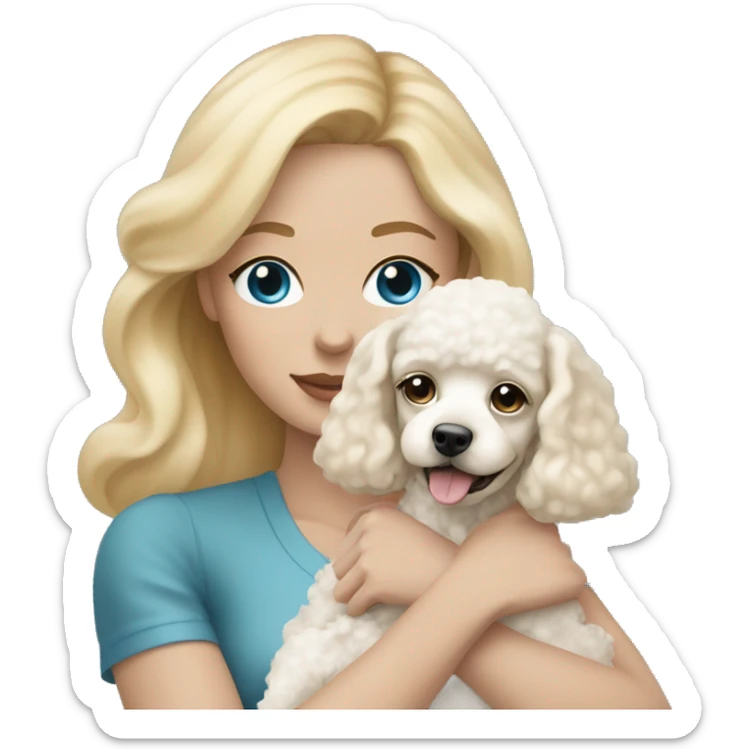 woman with  blonde straight hair and blue eyes is holding a cream poodle puppy sticker