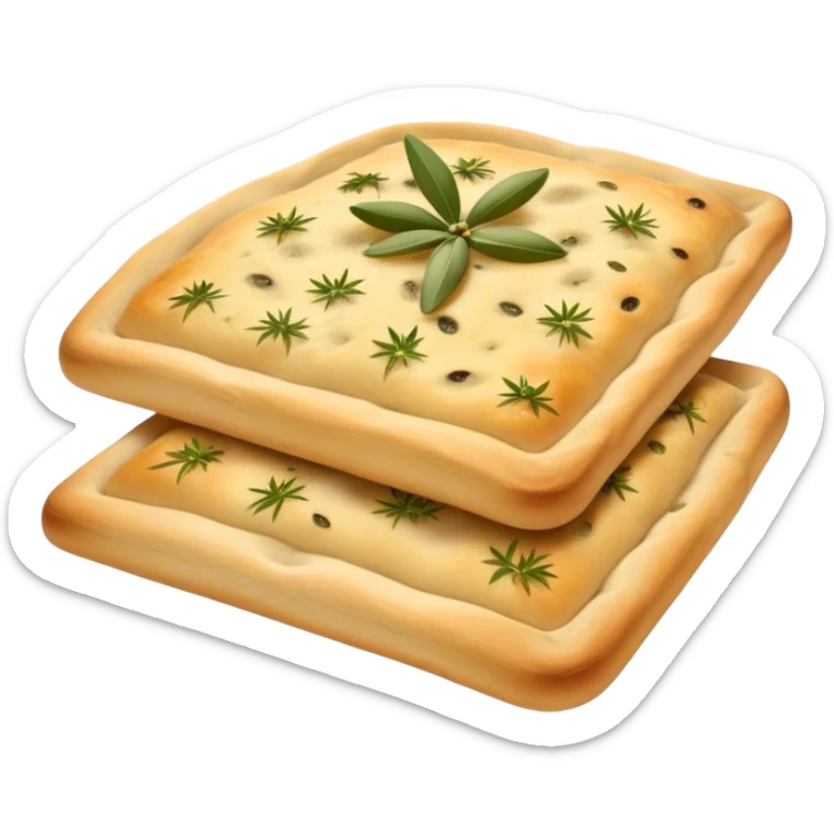 Focaccia Cinematic Realistic Focaccia Bread Dish Emoji, depicted as a golden, olive-oil brushed flatbread sprinkled with herbs, rendered with lifelike textures and warm, inviting lighting. sticker