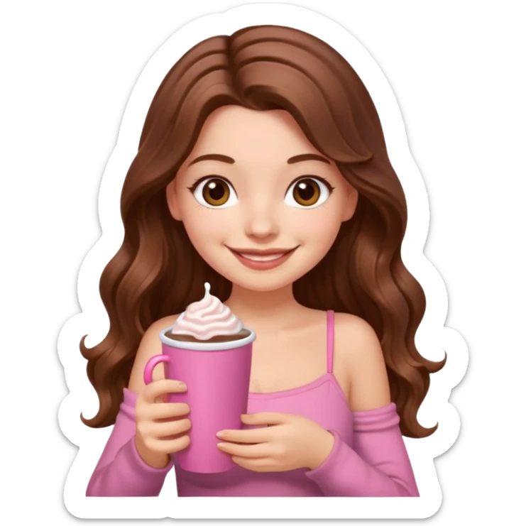 menina branca com cabelos castanhos longos ondulados com xícara rosa na frente com chocolate quente, com blusa de alça fina sticker