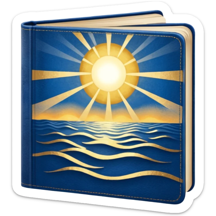deep blue-to-golden sunrise book with textured aged cover, ray of light, symbolizing hope and meaning sticker