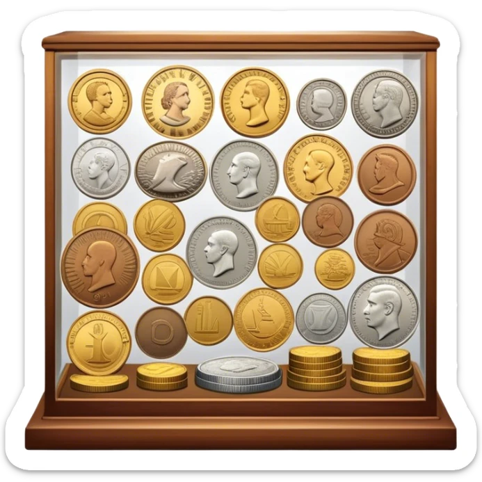 Icon for Coin Collecting: a collection of different vintage and modern coins of various forms and size, neatly arranged in a display case or on a table. The icon should highlight the diversity and historical value of coin collecting. Transparent background. sticker