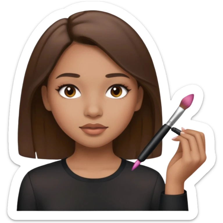 Draw a mixed-race girl applying makeup, wearing a clean girl blouse and with straight brown hair  sticker