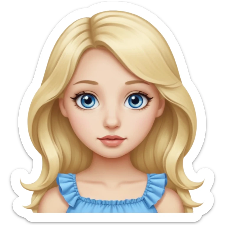 Pretty Emoji girl with close-set blue eyes and eyeliner on them, long round nose, wide not very full lips, oval face shape, long blonde hair in cute ruffle top sticker