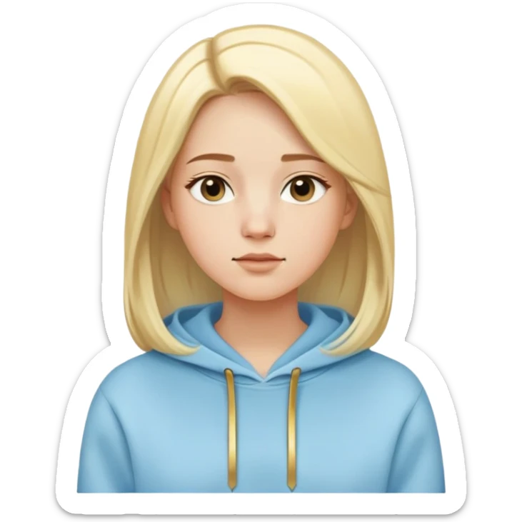 Woman with oval face, light blonde straight hair parted to the side, dreamy expression, wearing a light blue hoodie with gold and white accents sticker
