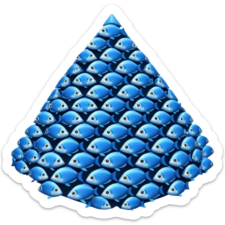 large pile of blue fish in a triangle-pyramid formation, iPhone Apple emoji style, between 2D and 3D, variation 1 sticker