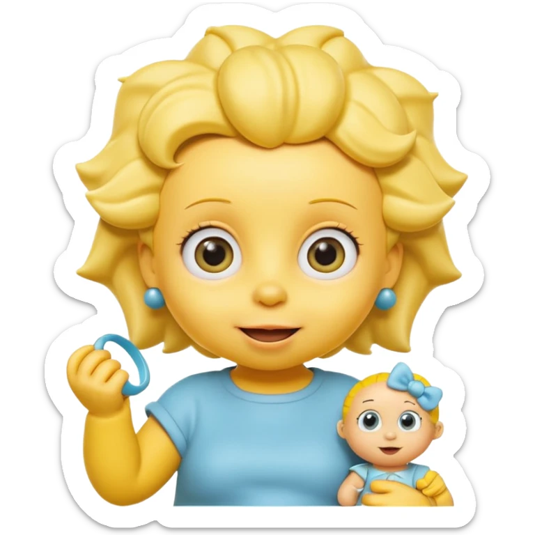 A 3D cartoon baby character fully yellow skin, styled like Maggie Simpson, with pacifier, big eyes, smooth shading, Memoji-style rendering, consistent with other yellow Simpsons characters. sticker