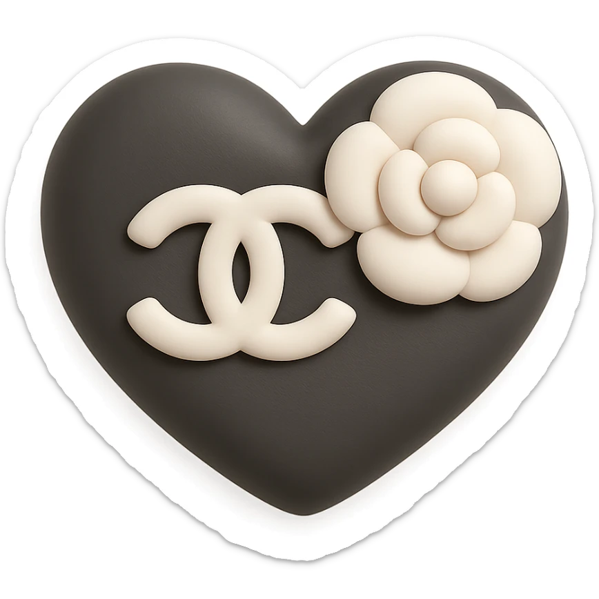 Chanel heart, soft and squishy, black and white, with a camellia flower, mochi style sticker