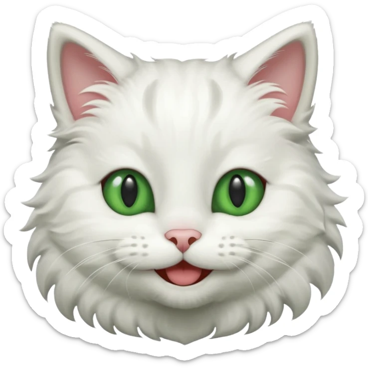 Realizar emoticonon de gato blanco con gris solo carita sonriendo muy feliz ojos grandes de color verde sticker
