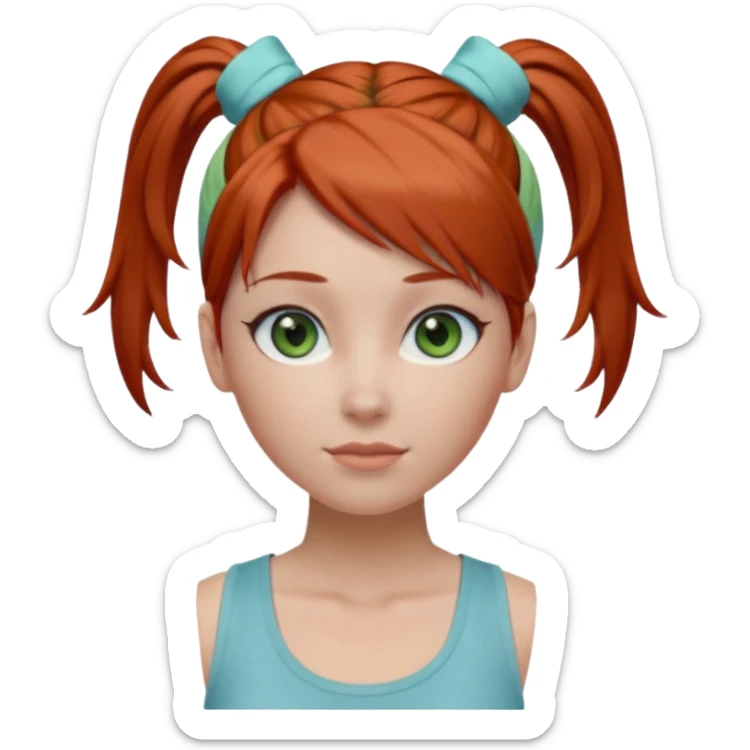 Emoji-style 3D female avatar with fair skin, large green eyes, soft makeup, and auburn-red hair tied in a high ponytail with a light blue hairband.
Wearing a light gray sleeveless tank top, centered front view, smooth realistic shading, clean lighting, isolated background, polished emoji realism. sticker