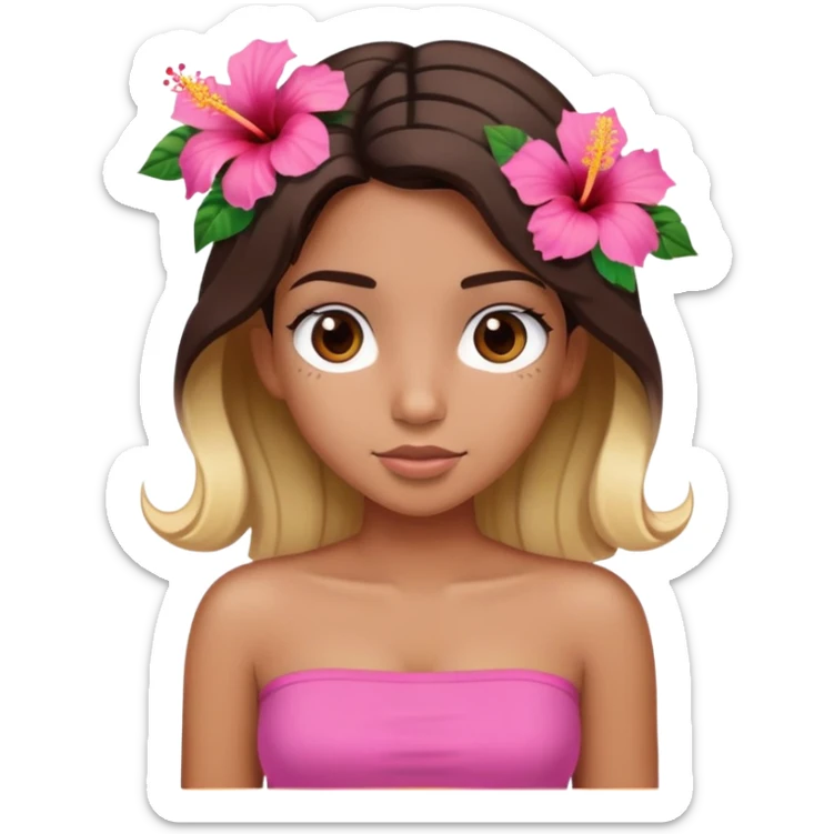 tan girl with dark brown hair and blonde highlights with a hibiscus flower in her hair wearing a pink tube top with tan lines showing sticker