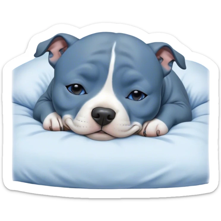 Meme-Worthy Cute Sleeping Blue Staffordshire Bull Terrier Portrait Emoji, Head resting peacefully with a contented smile, showcasing a delightfully compact build and a luxuriously soft blue Fur, eyes shut in a serene nap, Simplified yet hilariously adorable features, highly detailed, glowing with a soft, drowsy light, high shine, relaxed and utterly lovable, stylized with an air of playful laziness, bright and heartwarming, soft glowing outline, capturing the essence of a comically sleepy guardian, so meme-worthy it feels like it could instantly become the next viral sensation of adorable slumber! sticker