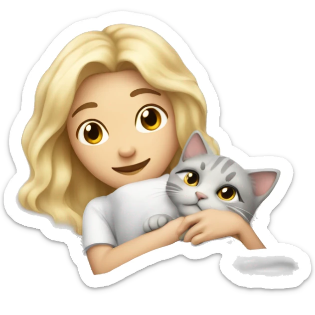 blonde lying in white bed with loose hair and hugging light gray cat sticker