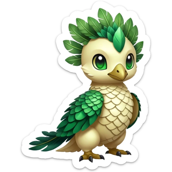 Cute cool fantasy animal hybrid Fakemon full body, green scales, leaves, feathers, sticker