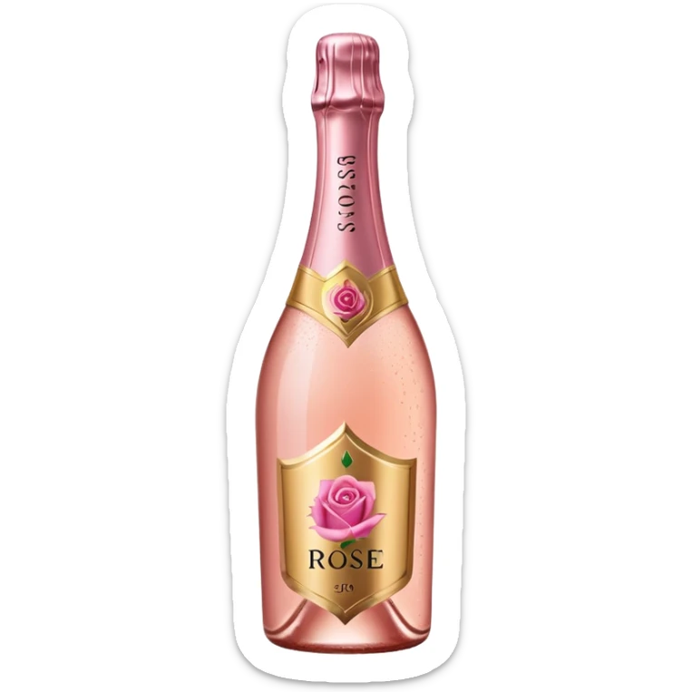 bottle of sparkling rosé with a rose logo on the label, tilted up and to the left, no glass sticker