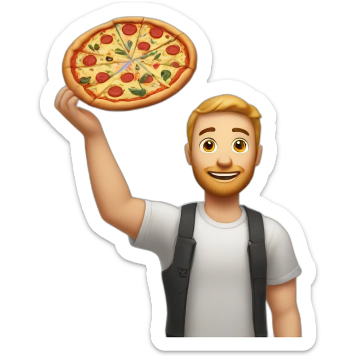 "White man with a tattoo and a pizza in his hands, arms out to the sides, 'why us?'" sticker