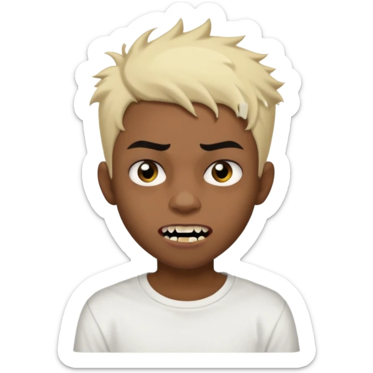 Black Male Teenager with Short punk messy blonde hair, Dark brown bushy eyebrows large expressive golden-brown eyes, wearing a plain white t-shirt, Dark Brown skin color. vampire tooth sticker