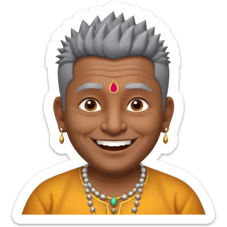 50 yr old indian man, dark skin, grey hair, big smile, white teeth, chubby, no moustache, clean shaven, spiky hair, bindy sticker