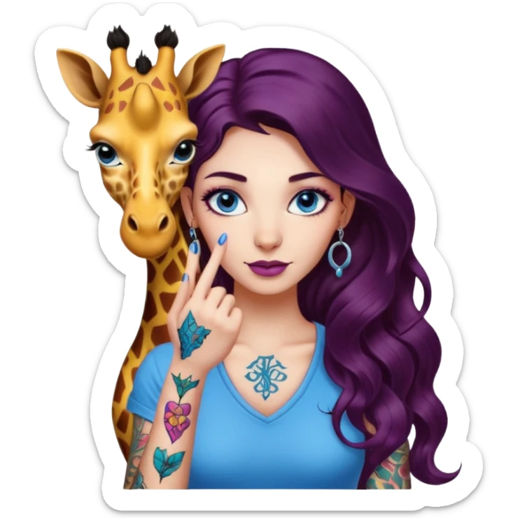 Gorgeous female Long wavy dark plum hair, colorful giraffe tattoo, word ""pinky swear" black lettering tattoo, blue eyes, piercings sticker