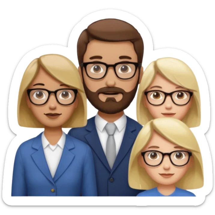 Four people including a man with hair and glasses, a man with a beard and no glasses, a woman with long brown hair and no glasses and a woman with a blonde bob and no glasses sticker