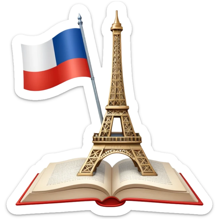 An icon featuring the Eiffel Tower and the flag of France, symbolizing the French language. The design includes an open book, representing language learning and cultural elegance. Transparent background highlights the beauty of French heritage. sticker