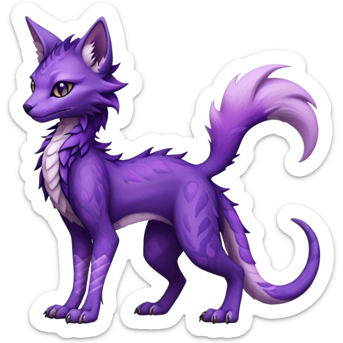 Kawaii dark purplish edgy fantasy ethereal feline-vernid-sergal-fursona animal creature with a tufted tail full body with intricate markings  sticker