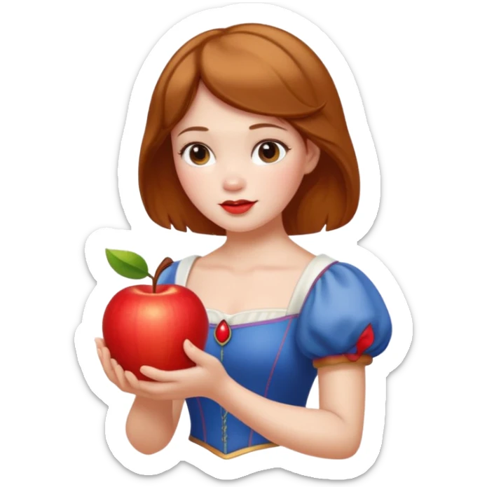 Create an emoji of Snow White holding a red apple, with short golden-brown hair. sticker