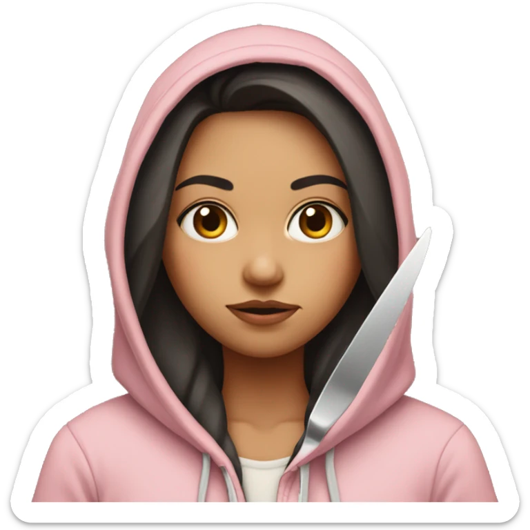 Girl with long dark hair in a light pink hoodie with a serious face holding a butter knife sticker