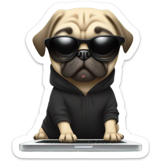 Pug wearing a black hoodie and using a laptop and wearing sunglasses sticker