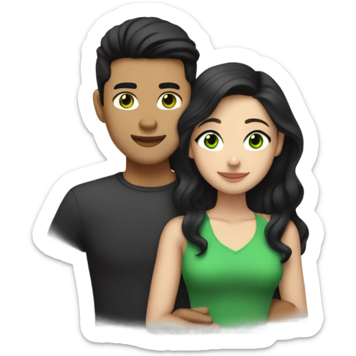 Light skin Asian male with undercut straight black hair hugging white female with green eyes and long brown wavy hair sticker