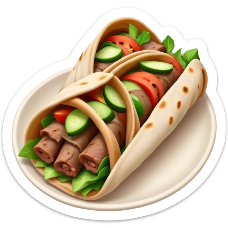 Cinematic Realistic Gyros Dish Emoji, showcasing succulent, spiced meat wrapped in pita with fresh vegetables rendered with lifelike detail and dynamic, appetizing lighting. sticker