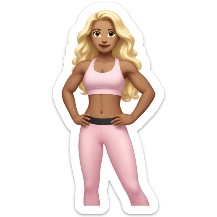 White woman, pale woman, long hair, blonde hair, wavy hair, baby pink sports bra, baby pink leggings, flexing right arm sticker