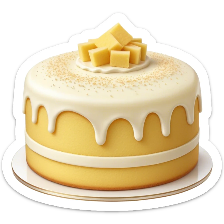 Cinematic Realistic Simple Vanilla Cake, a perfectly baked golden sponge with soft, airy layers, delicate vanilla frosting smoothly spread across the top, tiny flecks of vanilla bean visible, warm golden lighting creating depth, glowing with a sweet, irresistible charm. sticker