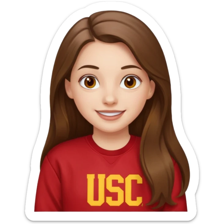 happy white long brunette hair girl with hazel eyes and in red USC sweatshirt sticker