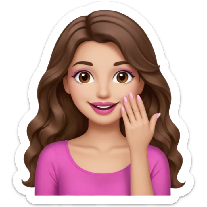 girl with long wavy brown hair, brown eyes, long lashes makeup, pink lips, light to medium complexion, pink sexy top, smiling, hand covering the mouth, sticker