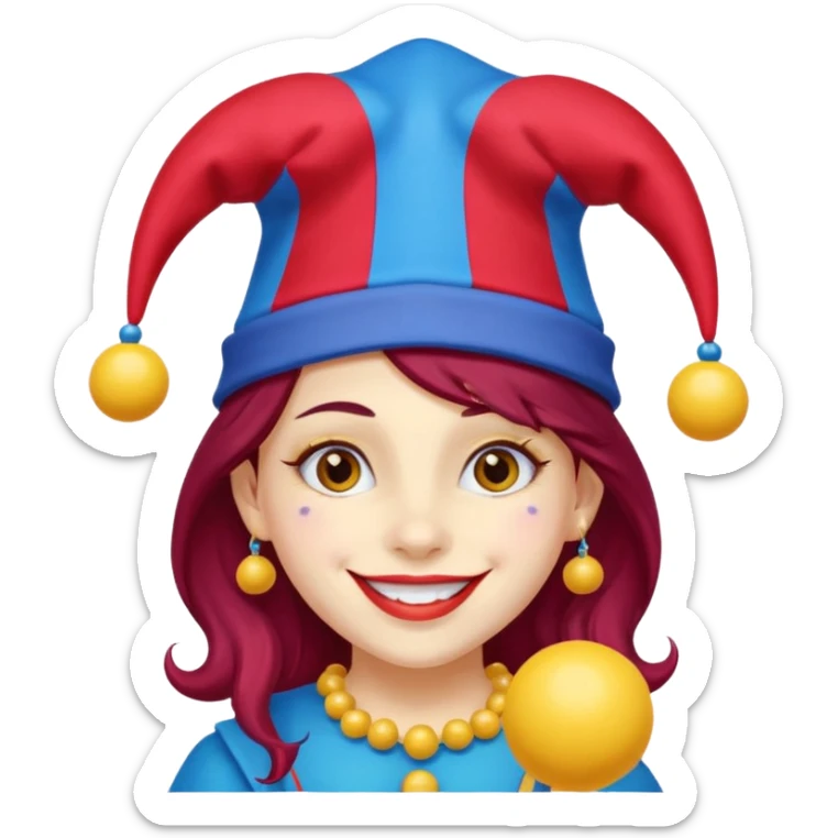 Girl with red and blue jester hat with yellow balls on the ends of the jester hat smiling with rosy cheeks and dark hair sticker