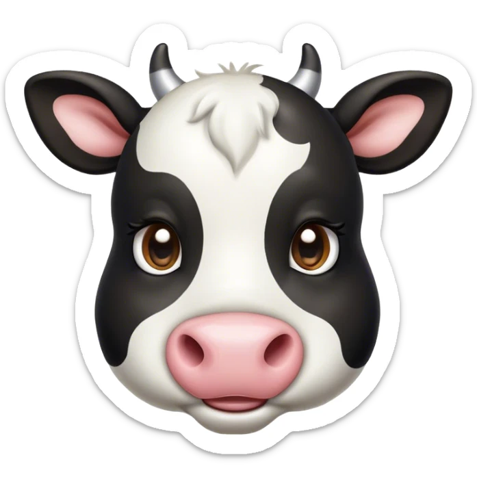 Cinematic Cute Black and White Cow Portrait Emoji, Head tilted playfully and inquisitively, featuring a glossy, contrasting coat of black and white, round, sparkling brown eyes filled with gentle curiosity, Simplified yet irresistibly adorable features, highly detailed, glowing with a warm, friendly glow, high shine, affectionate and serene, stylized with a touch of contemporary charm, bright and endearing, soft glowing outline, capturing the essence of a mischievous yet loving cow, so playful it feels like it could moo out of the screen and into your arms! sticker