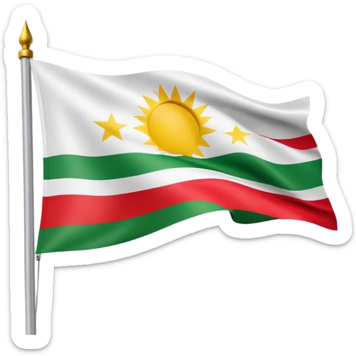 flag of Kurdistan with red, white and green horizontal stripes and a yellow sun symbol sticker