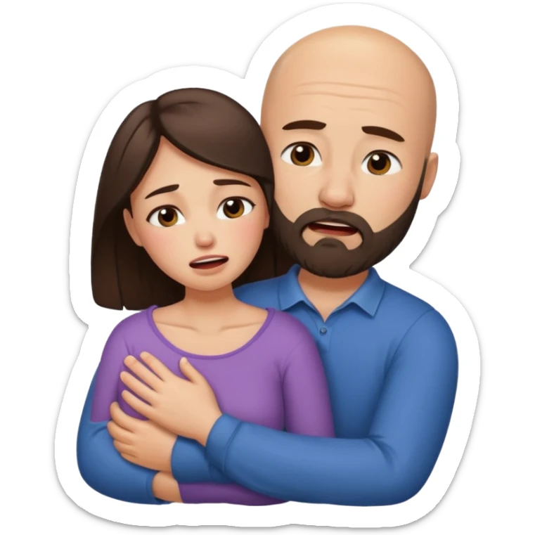 Hyper Realistic Beautiful brunette woman crying in the arms of a handsome bald bearded man  sticker