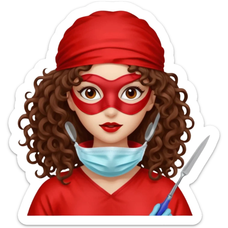 Lilith symbol seductress long curly hair evil surgeon.  brown hair. Red surgical mask and hair covering. She works for cartel and kills  with a scalpel. sticker
