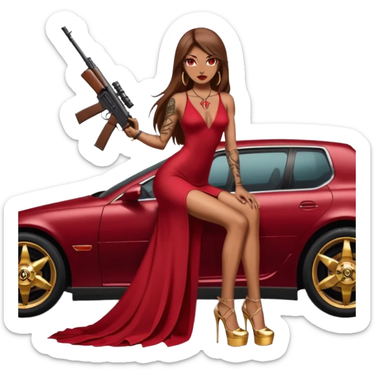 Lilith tan skinfemale red eyes symbol. Tattoo arms. Her hair is brown straight long hair.wearing sexy long ruby covered dress with slit. black stiletto thick platform high heels shoes on. Sitting on gold giant luxury car with cash on her. She is holding a sniper rifle in one hand cash in other hand sticker